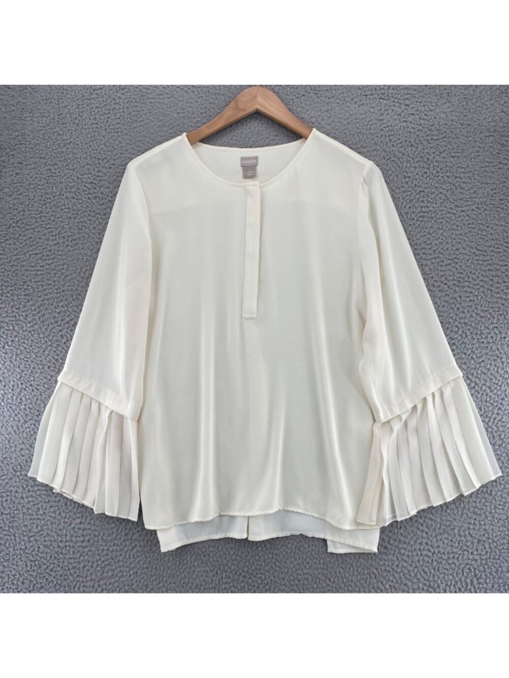 Chicos Top Womens 3 US 16 Ivory Chiffon Pleated 3/4 Bell Sleeve Button Up Shirt